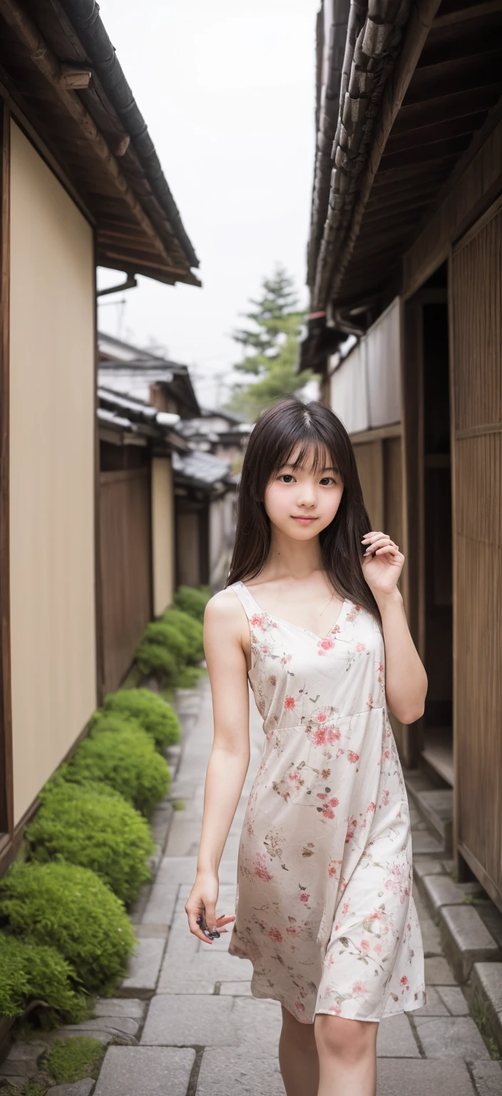 (high-level image quality、ultra-detailliert、Pursuing a sense of realism、Raw photo)、A woman in her 30s wearing a white dress、Kyoto Beauty、A detailed eye、detailed tits、detailed full body、wavy layered cut、Smiling smile、Turn around、Beautiful back