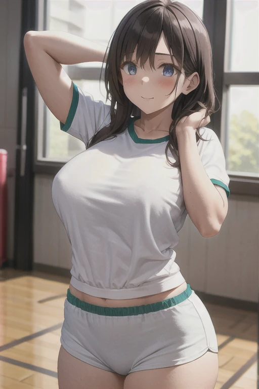 score_9, score_8_up, score_7_up, score_6_up, score_5_up, score_4_up, BREAK, source_anime, anime screencap, anime coloring, 1girl, solo, perfect ???????, TachibanaKotoha, brown hair, medium hair, forehead, amber eyes, hair behind ear, earrings, mole under eye, lite smile, looking at viewer, (skintight, very tight sleeveless gym uniform, white shirt, shirt-in, under sized micro blue buruma, zettai ryouiki white thighhighs), sagging huge_breasts, tarechichi, erect nipples, thigh gap, indoor, gym, hand on hip, standing, skinny, (unshaven hairy natural public hair:1.2), unshaven hairy natural armpit hair