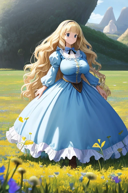 ((masterpiece)), (best quality), (ultra-detailed), photorealistic, (best illustration), ((an extremely delicate and beautiful)), 1girl, solo, long hair, blonde hair, two-tone hair, cross-laced, blue eyes, breasts, detailed scenery, low twin braids, twin braids, hair ornament, gigantic breasts, looking at viewer, standing, viewer POV,