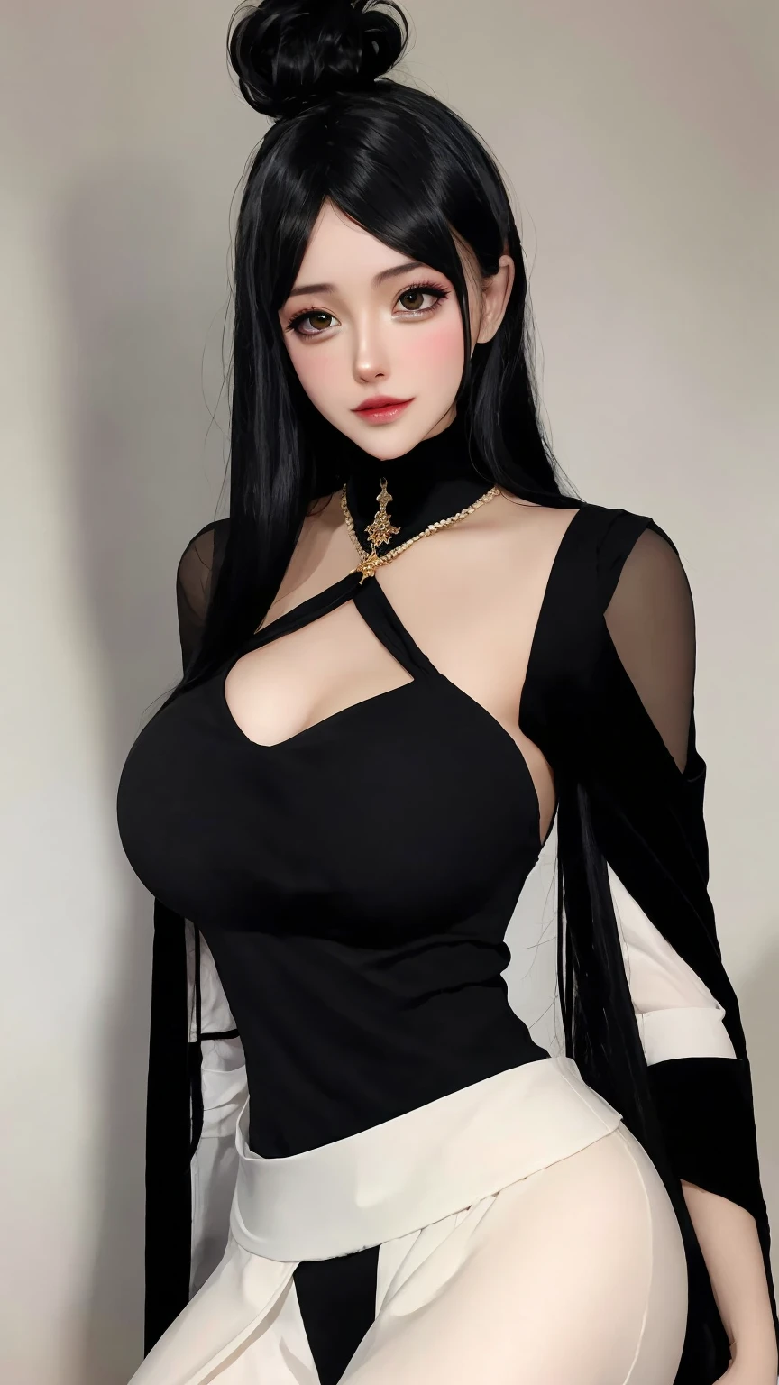 Female((30year old)), hair((black, wavy)), eyes((small eyes, green eyes)), clothes((velvet, hotpants, bandeau, pattern)), accessories ((hair clip, earrings)), big , gigantic breast, korean make-up look, classic house ((hall)), smiling, ponytail, red lips, crocth,