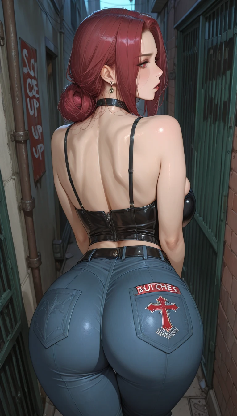 26 years old blonde girl, thicc, thick, punk rock style, one side shaved undercut hair, tattooed, punk rock make up, bending over, on all fours, showing her ass and pussy to the camera while looking back at me, expressiveh, in a dirty toilet