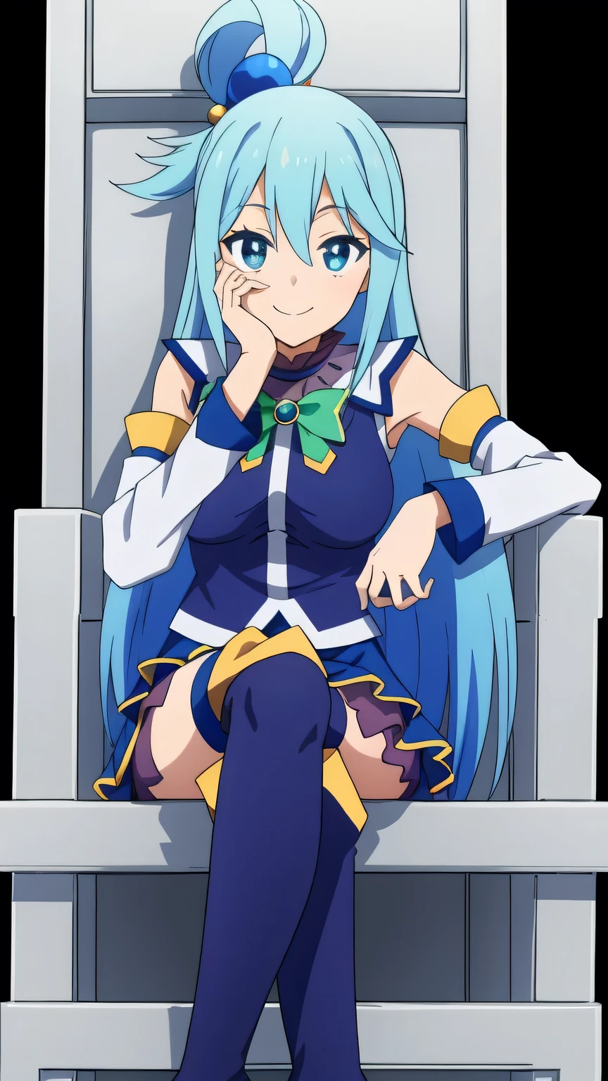 {{{masterpiece}}}, (best quality:1.5), (ultra-detailed:1.5), {illustration}, {{an extremely delicate and beautiful}}, (beautiful detailed eyes:1.6), absurdres, highres, extremely detailed face, 16k, hd, visual anime de uma jovem mulher, extremamente bonito rosto de anime, anime melhor garota, (perfect hands, perfect anatomy), (five fingers:1.1) anime face, aqua (konosuba), 1girl, cute face, long hair, blue eyes, hair ornament, very long hair, blue hair, half up, bangs, sidelocks, hair rings, hair bobbles, large breasts, big hips, curvaceous, BREAK, blue vest, shirt tuck out, white collar, green bow, bare shoulders, detached sleeves, white sleeves, (blue skirt:1.2), mini skirt, thighhighs, (blue long boots:1.5), thighs, zettai ryouiki, BREAK, ojou-sama pose, smile, hand on own face, (white throne:1.5), (high backrest:1.4), sit on a white chair, cross your legs, checker floor, (fog:1.3), black background, simple background