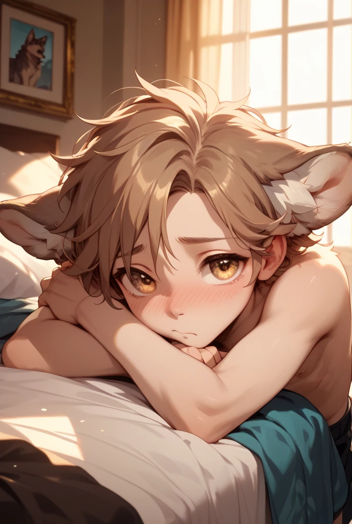 cheetah,weak muscles,Long tail,nsfw,male,Odd Eye,nudity,Nothing to wear,Frightening look,gay,butt,shota,Bed Background,shame,Sweating,watery eyes,Oral