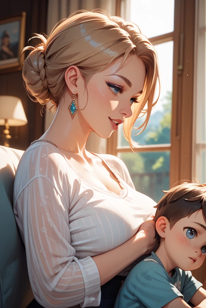 ((A teenage son attracted to his mother:1.5)), (she is one ultra sexual 32 year old sexy angelic supermodel mother bride embracing her young sons:1.5), ((naked exposed breasts:1.5)), high quality fingers, normal hands, detailed fingers, masterpiece, (realistic, photo-realistic:1.37), (full body:1.5), (masterpiece), best quality, ultra beautiful woman, slender legs, large FF cupped breasts, ultra deep cleavage:1.5, thin waist, blonde hair, bright blue eyes, cute round ass, with a fun quirky smile, (sexy bridal miniskirt:1.5), unbuttoned blouse, (cleavage in V:1.3), outdoor family wedding setting , view from side