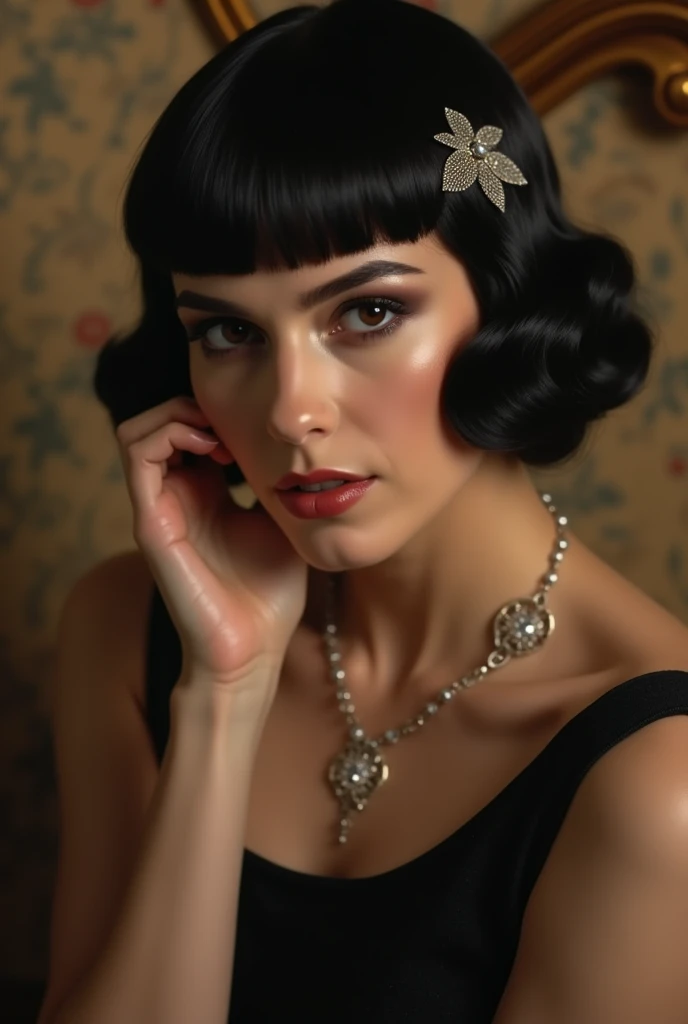 Photo noire et blanc, film noir style, Maginifique, 1fille, Seulement, demi-corps, Dramatic lighting, monochrome, high contrast, ombres dramatiques, flapper 20s style, Mysterious, cinematic, Bright red lips (((Only lips red)))