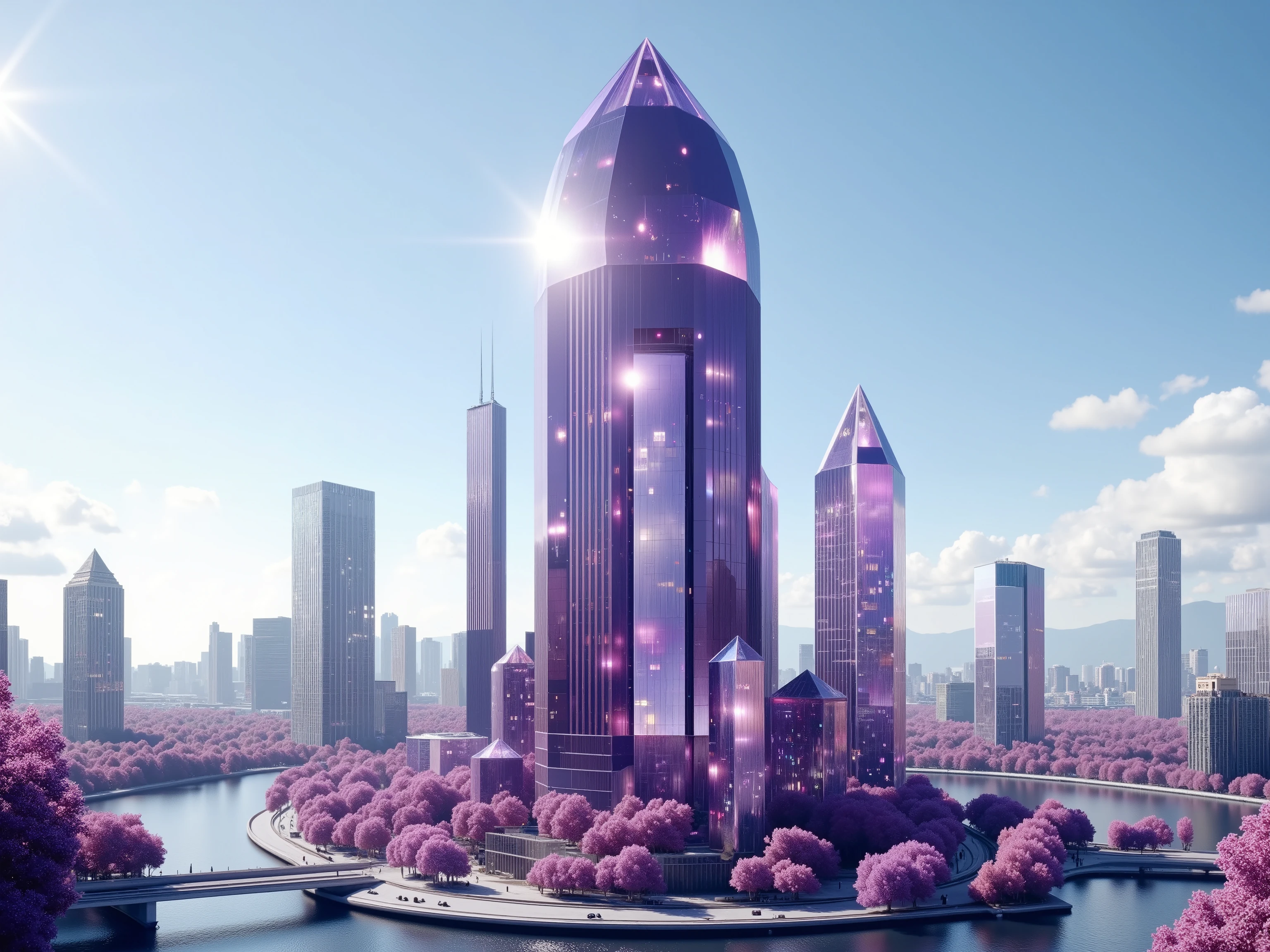 A futuristic cityscape is depicted, dominated by towering skyscrapers that resemble giant crystals. These buildings are crafted from what appears to be translucent, faceted glass with a captivating purple hue. The sunlight glimmers off their surfaces, creating a spectacular interplay of light and color. The towers, ranging in size and clustered together, rise majestically from an island surrounded by gently flowing waterways and connected by sleek bridges. The urban setting blends seamlessly with the natural surroundings, as lush trees with pinkish-purple foliage add a vibrant contrast to the scene. The sky overhead is a clear expanse of blue with a few scattered, fluffy white clouds, suggesting a bright and clear day. This fantastical cityscape combines elements of modern architecture with imaginative, otherworldly design, evoking a dreamy, ethereal ambiance.