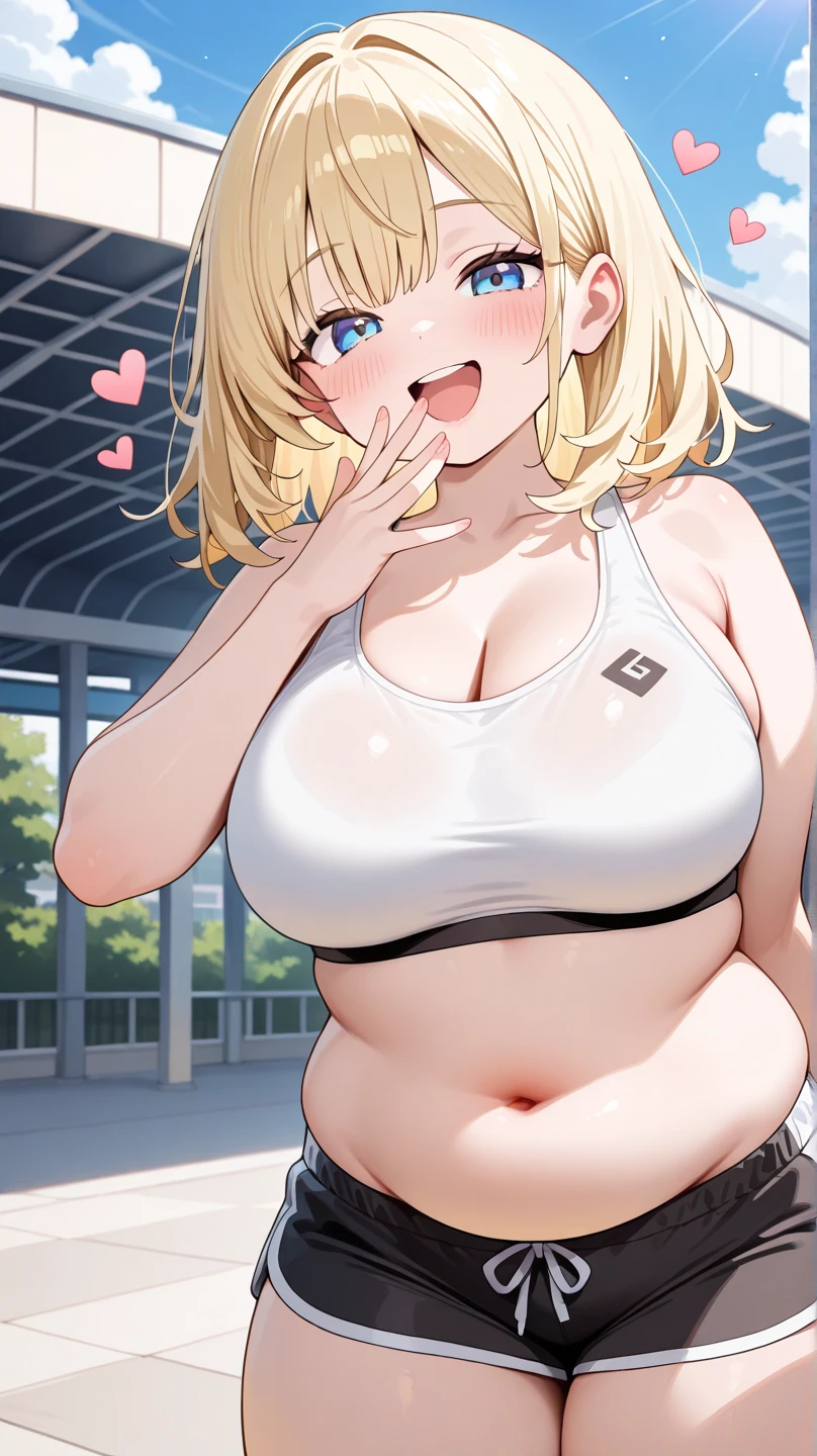 ((highres)), Masterpiece, high quality, best quality, beautiful, perfect lighting, detailed face, ultra cute face, ((1girl)), ((solo)), ((blush)), embarrassed, long fluffy blonde hair, pony tail, blue eyes, sweat, heavy breathing, crop top and shorts, fast food restaurant, cleavage, large breasts, ((wide hips)), (thick thighs), (chubby), ((belly grab)),