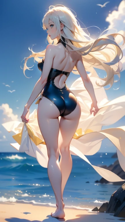 1girl, solo, elegant hair (full body: 1.1), (side at the viewer: 1.1),Piped Splice Wide Strap One Piece Swimsuit , filmg , sweet_lolita, Best quality, masterpiece, blond hair, blue eyes, Exquisite mouth,Very detailed face, blush, Shiny wet skin, Pink lips, Delicate lips, back turned, beach background