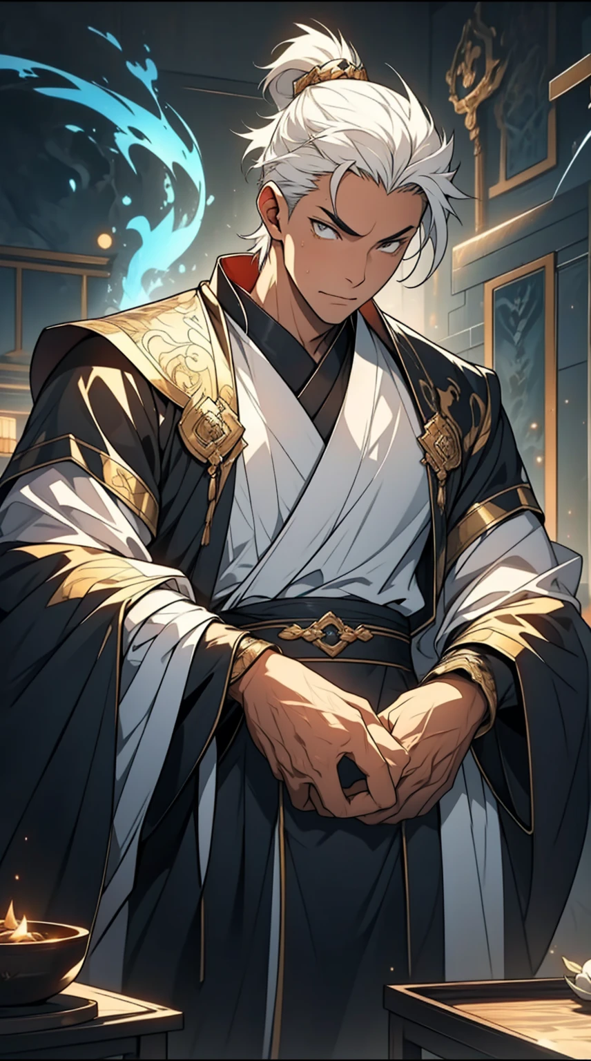 masterpiece, best quality, 8k ,4k ,solo, male, short dark blue reddish hair, black sleeveless turtle neck shirt, robe hanging by the shoulder, embroidery robes, white jogger pants, Walking, Manly pose, muscle arms, Armband, bangs, blue reddish eyes, pale skin, sharp look, Sharp eyes, Morning walk, Castle Hall Background, high quality, extremely detailed, finely detailed eyes and detailed face, slender body, inspired by Asukaziye artist : ask, art style : ask