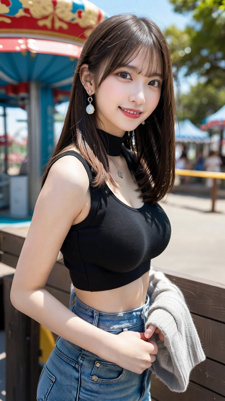 (8k, RAW Photo, Best Quality, Masterpiece:1.2), table top, Ultra Detail, Super Resolution, (Realistic, Realistic Photo:1.37), Portrait, High Detail RAW Color Photo, Professional Photo, Extremely Detailed and Beautiful, Extremely detailed, 8k wallpaper, amazing and detailed, huge file size, official art, highly detailed CG unity 8k wallpaper, highly detailed beautiful girl, highly detailed face, highly detailed eyes, highly detailed skin, highly detailed fingers, highly detailed nose, very detailed detailed mouth , perfect anatomy, highly detailed background, highly detailed clothes, 1girl, ,cute girl, realistic body, fair skin, glowing skin , slim body, handsome body, black hair , Semilong hair, (blunt bangs:1.2), smile, cute, youthful, cute face, realistic face, delicate eyes, drooping eyes, looking at viewer, (from behind), standing posture, Contraposto, dynamic lighting, (big breasts), (Perfect Body Proportions), (slender Body Proportions), tank top, jeans,