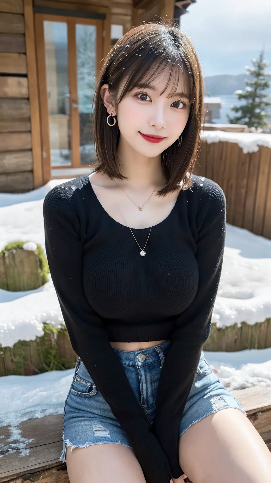 1girl, (Black Eyes), (smiling), (beautiful makeup :1.2), (wide hips), (big tits :1.1), (big ass), (Best Quality, 8k, Masterpiece: 1.3), Clear Focus: 1.2, Perfect Body Beauty: 1.4, strong abs, Highly detailed face and skin texture, detailed eyes, double eyelids, ((black short hair :1.2), (Warm winter jacket :1.3), (tight jeans), (wool cap :1.2), standing, dynamic pose, on a snowy mountain, snowing, cabin with pine trees in the background