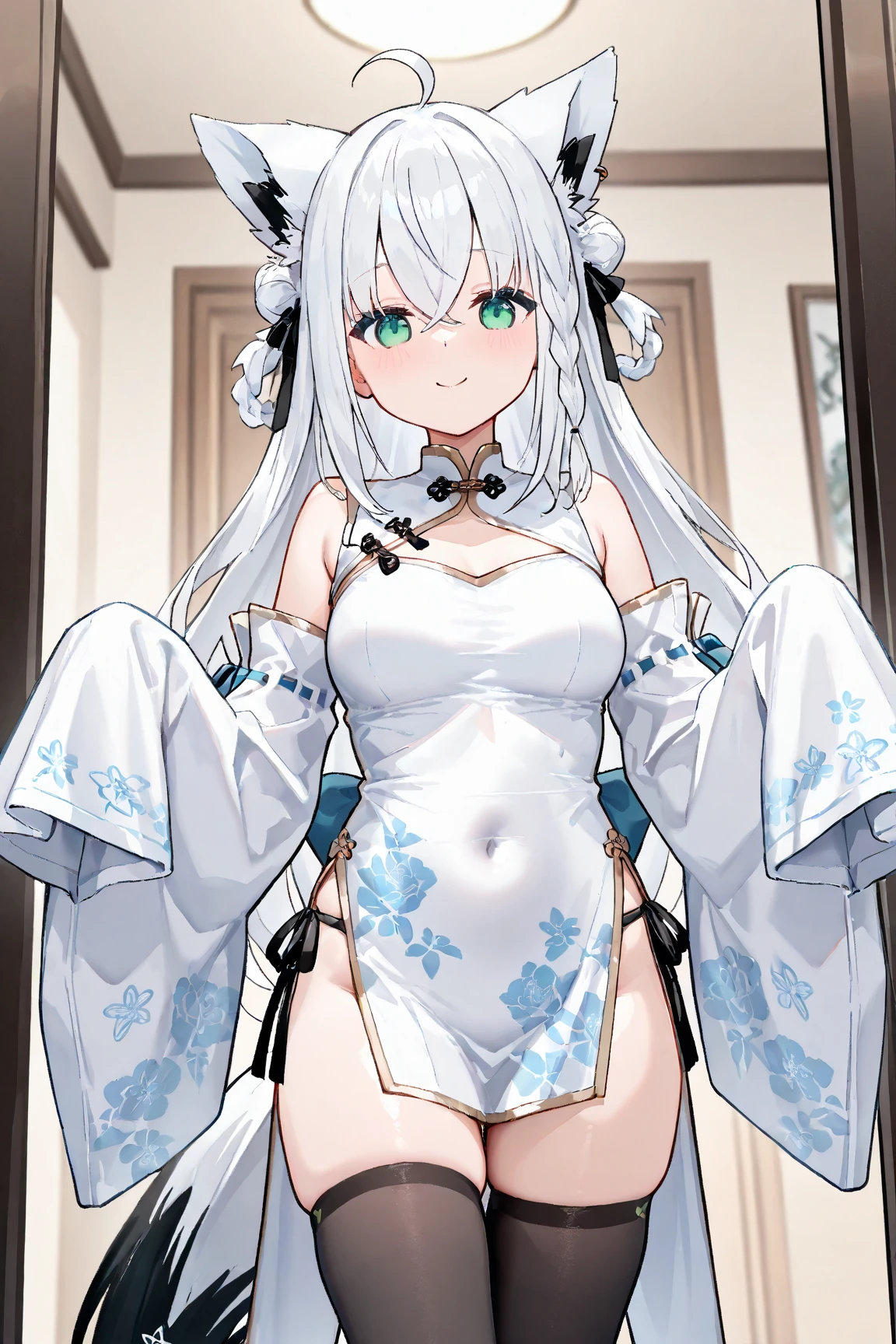 (Pee、pissing、Pee、pissing),(Highest image quality, high resolution, Masterpiece, Masterpiece, Maximum level, high resolution) (Drawing: Whole body) (number of people: 1 person) (gender: Slender, Nice and beautiful girl) (age: Little girl, 10 years old) (Skin color: Gorgeous white) (Hair color : Delicate white hair, Silver) (Hairstyles: Medium hair, Big buns) (face: Anime face, beautiful lovely) (Eyes: Deep and sparkling blue, slanty eyes) (Mouth: Slightly open) (Body type: Short stature, Slender, Medically correct, Young breasts, small ) (Limb shape: Slender, Medically correct limbs, 5 fingers) (Clothing: Short white cheongsam) (colors of clothing: Transparent, Transparent white ) (Clothing pattern: Intricate blue pattern) (Clothing movement: Waving in the wind) (Posture: Stand behind your back with your hands folded)，(Clear crotch)，virgina，with no underpants,No underwear,No tights,ssee-through,camel-toe,Camel hooves