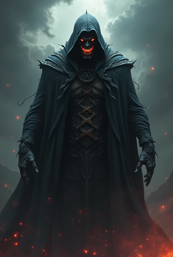 The Prince of Darkness is a mysterious and powerful image of the essence of evil, personifying the dark and secretive aspects of the universe. His appearance evokes horror and awe, reflecting his inner darkness and terrible power.

The appearance of the Prince of Darkness has an exquisite gloom and demonic charm. His pale face, almost colorless, like made of marble, decorate deep eyes with dark brown - eyes, which seem to contain bottomless emptiness and evil wisdom. Sharp facial features are glimpsed, emphasizing his severity and authority, and thick, black hair, as if wrapping around him, create the impression of impenetrable darkness.

He is wearing a dark cloak, made from the densest satin, which seems to absorb light and vibrant colors. Gold patterns glitter on his chest, curved in ominous patterns, symbolizing his power and status in the underworlds. On the Prince’s fingers shine rings with the motionless eyes of dragons and snakes - a sign of his connection with the forces of darkness and chaos.

Every step of the Prince of Darkness is shrouded in a gloomy, chilling breath, his presence fills the air with ominous energy, which makes the souls of mortals tremble. His voice is deep and powerful, sounds like thunder, piercing the hearts with fear and horror.

The Prince of Darkness is the embodiment of evil and darkness itself, who lives in the depths of the universe, where the light does not penetrate and only courage and goodness can resist its power.
