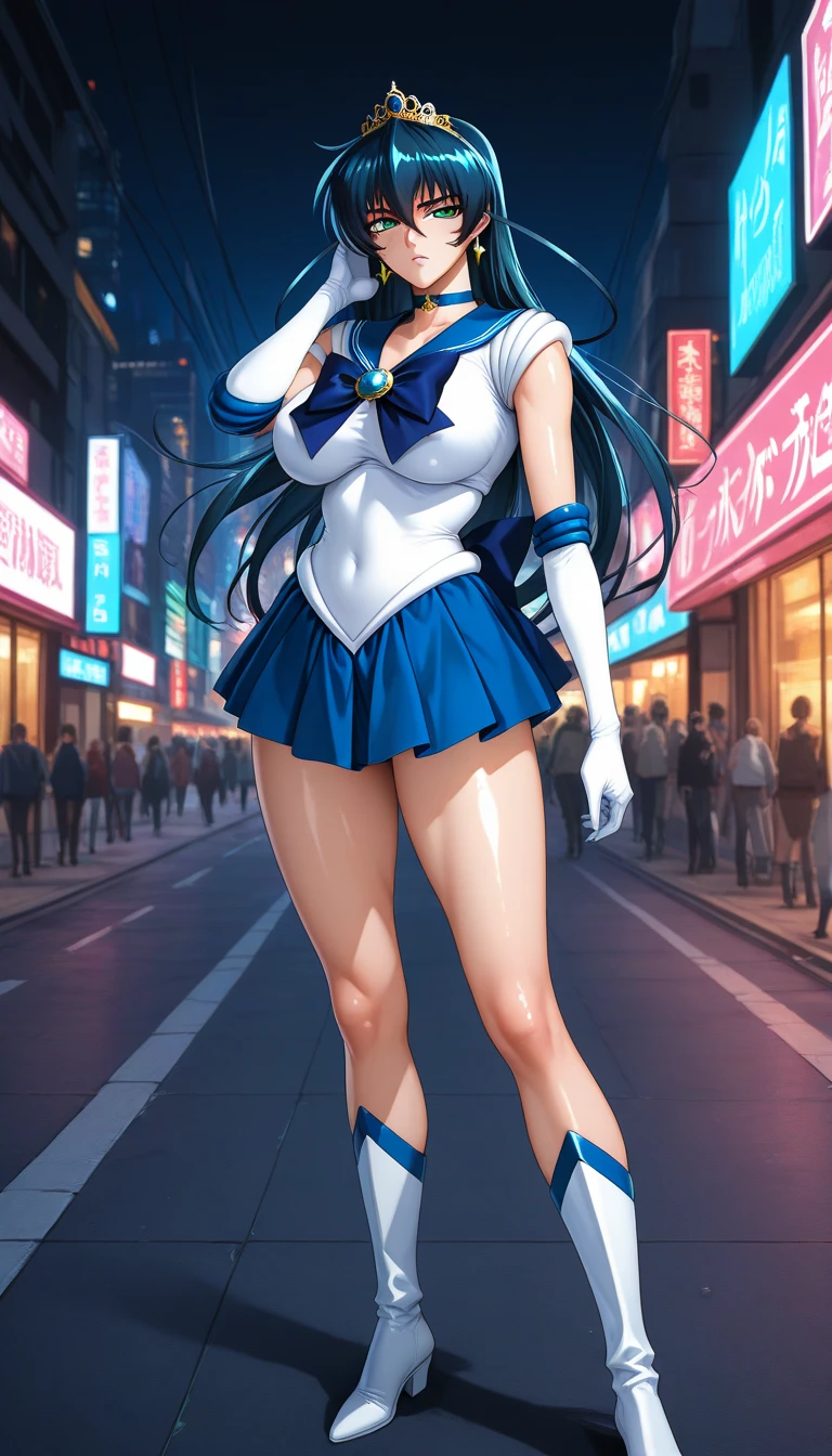 (Masterpiece, Best Quality: 1.2), Solo, 1 Girl, Sailor Saturn: 1.5, (puffy lips, beautiful face, Magical Girl, Hotaru Tsuchimo: 1.5, Smile, Watch Viewers, Close Mouth, Tiara, Sailor Senshi Uniform, (Collar),Pleated Skirt, Elbow Gloves: 1.3, Jewelry, Brooch, Choker,, Smiling, (Long Boots,High Heels),Glittering Skin,(Skirt Lift: 1.3), Big breasts overhanging in front: 1.5, Lift up: 1.5, Very short skirt: 1.5, Show panties: 1.5, (Shibuya Street at night: 1.5), (Shibuya Street at night: 1.5), Put your hands on your hips: 1.0, (huge breast, big tits, slender waist), Cute: 1.5, Arm up: 1.0, (sexy Lace O back Panties), small face, (nasty body: 1.3),grabbing skirt with hands,long legs,, BDSM, light glow, (butt focus:1.5), from below, (slouching position),(buttocks sticking out:1.3),(from behind:1.5),cameltoe,nsfw,legs apart:1.3