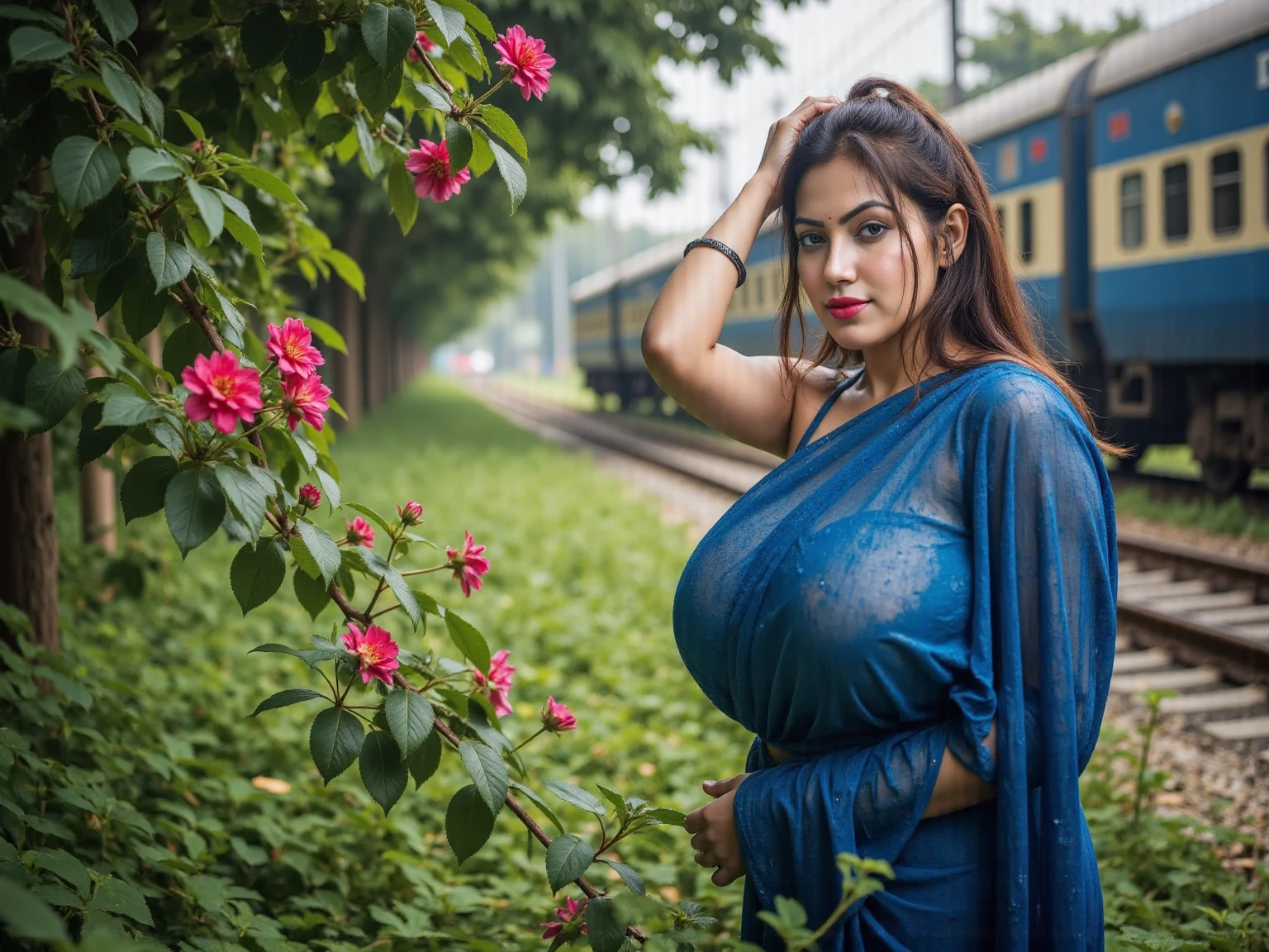a lady(wearing saree (huge breasts:0.9), (saggy breasts: 1.2), (cleavage: 0.5)))sitting in public transport. Very realistic skin. Very beautiful face. She is giving sexy down blouse pose.
