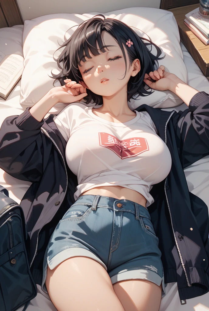 (child),(masterpiece,Highest Quality),Crop Top Look,white t-shirts,(Black mini skirt with gingham check),A dark-haired
