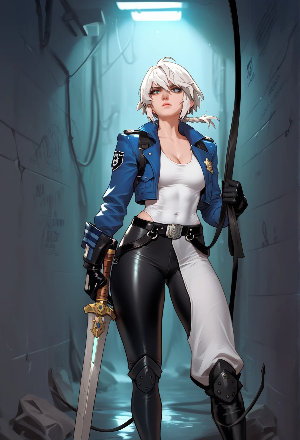 (masterpiece), best quality, silver eyes, perfect face, highres, 1girl, solo, angelms, white hair, white jacket, jeans, fingerless gloves, atacking pose, dancing around chains, evil smile, long boots, fanstasy background, cowboy shot, fullbody shot, looking at the viewer, from front, holding chains, long chain whip