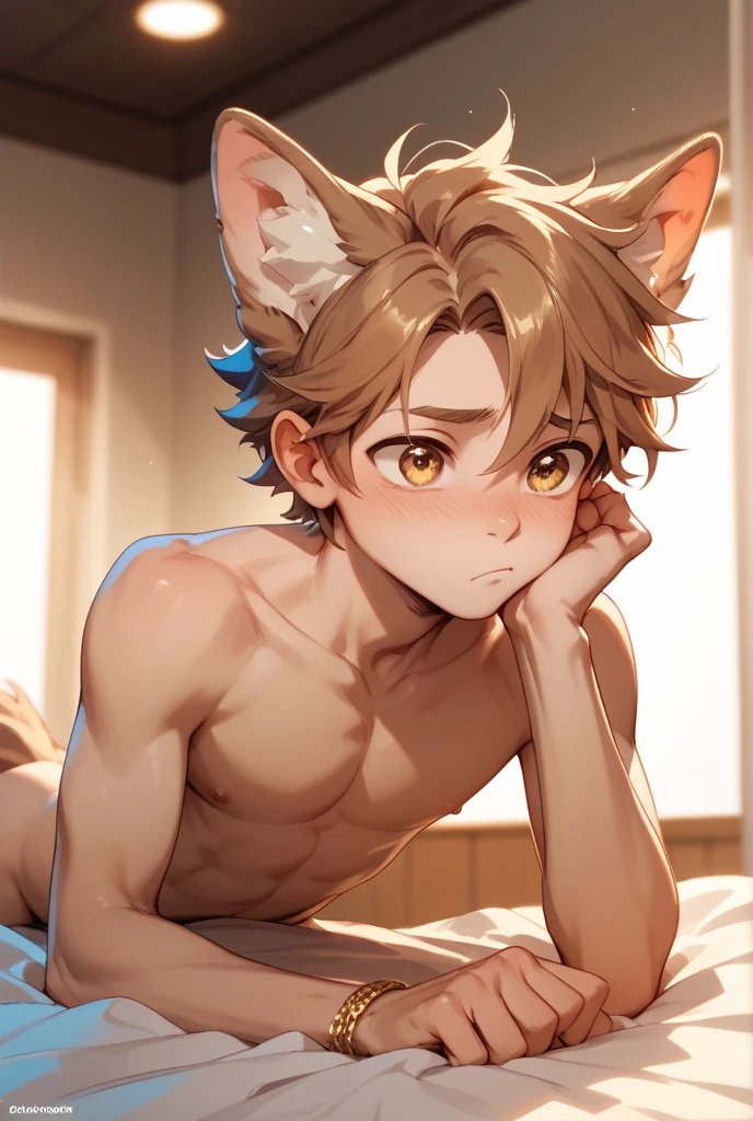masterpiece, best quality, kemoshota, furry male boy, naked, looking at viewer, inside the bed, navel, nipples, soft and fluffy, blush, teary eyes, puttiing on the blanket, snuggle, close-up face, dynamic angle, begging to kiss, blanket, open mouth, teardrop, sweat drops, midnight, night, in heat, covering 