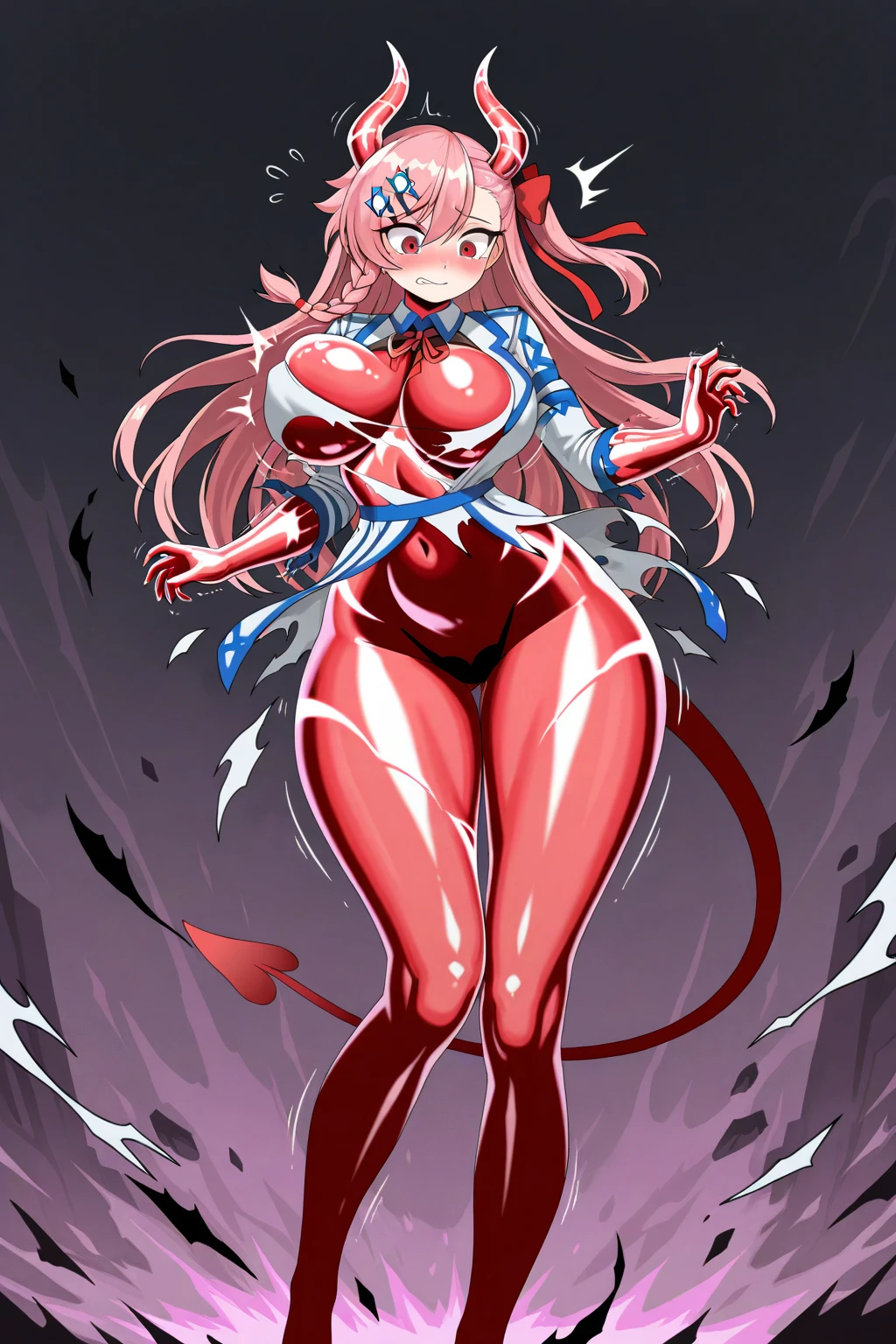 xyzkefla, super_saiyan, red_hair, blue_eyes, 1girl, spiked_hair, energy, torn_clothes, jewelry, aura, torn leggings, torn clothing, nerdy, glasses, smug, smug smile, blushing, visible , visible breast, hand on , gigantic breast+++, massive breast, holding breast, squeezing breast, dramatic, almost naked, sweaty, wet, volcano, lava flow, looking at viewer