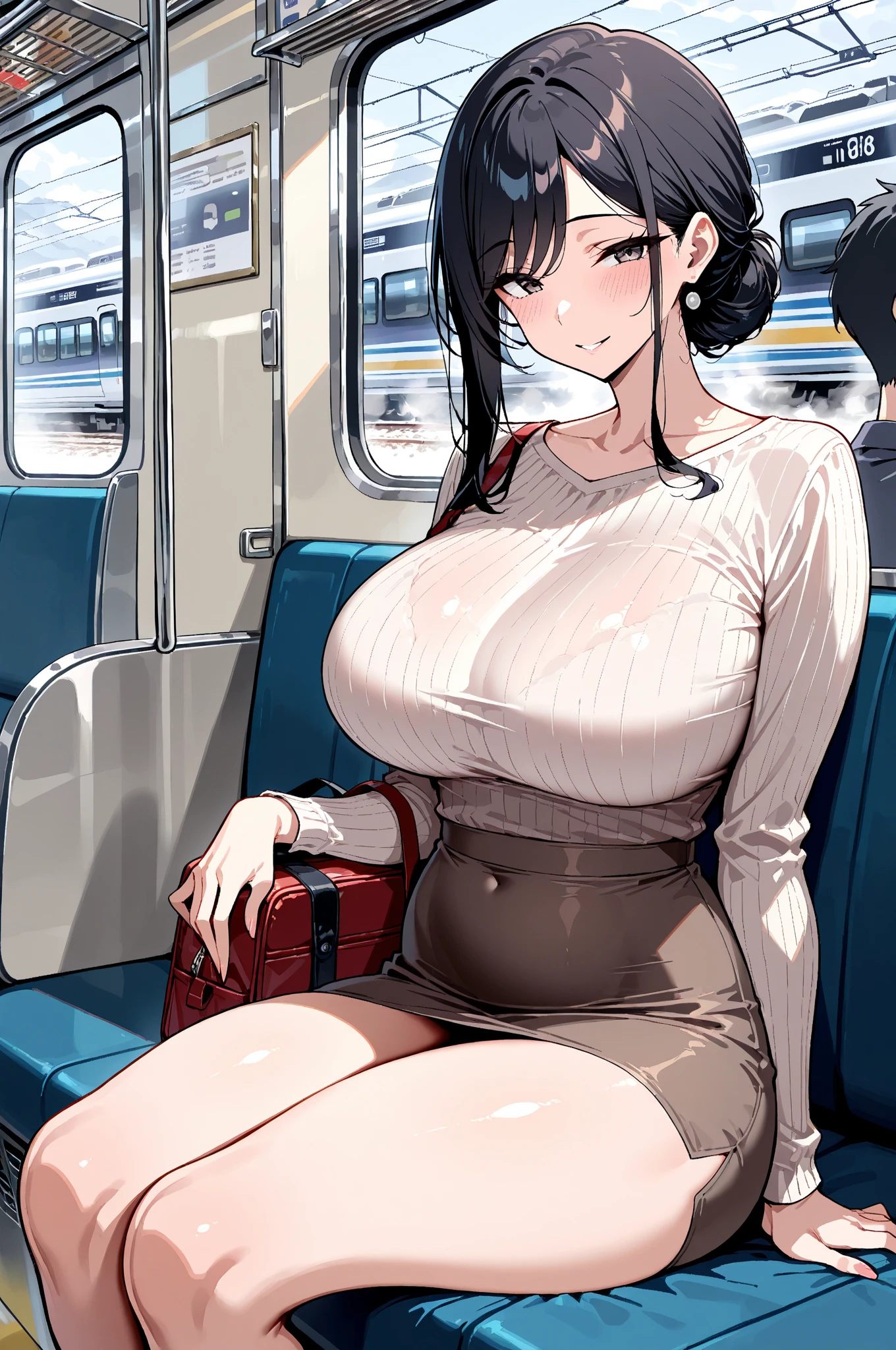 1. Beautiful Women, Big body, Asian Girl, ponytail, Contoured eyelids, Makeup eyelids, Sleeveless shirt, Pink Shirt, Cleavage, skirt, turquoise skirt, High heels, Cream colored shoes, Brown bag, Sit on the bus and sleep, Open your mouth, close your eyes、Love Jure