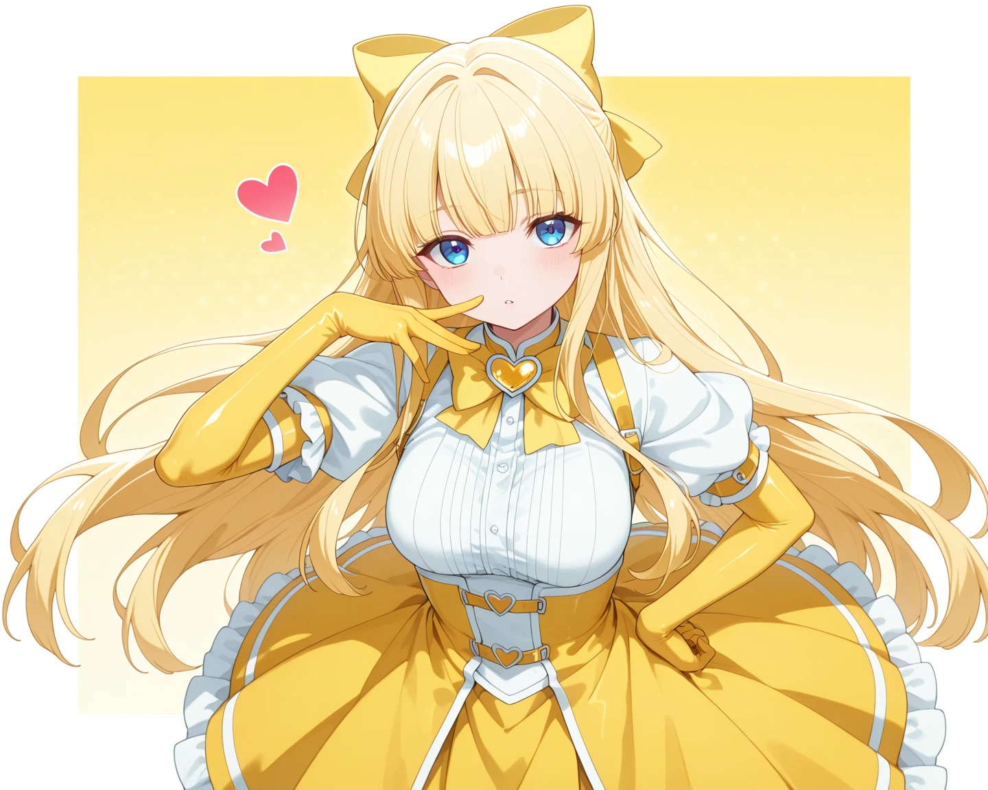 A girl in a yellow costume twirls her dress in the sun，Heart-shaped bubbles appear in the background。