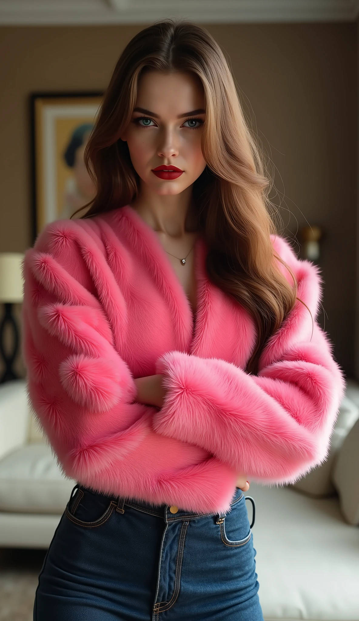 realistic, ultra-detailed, high resolution, photo-realistic, full-body shot, woman in her late 20s, russian woman, symmetrical oval face, very light skin, smooth natural skin texture, subtle freckles, sharp well-defined Cupid’s bow, matte dark red lips, medium-full lips, piercing icy blue eyes, intense cold gaze, dramatic almond-shaped eyes, subtly hooded eyelids, long upper lashes, bold eyeliner, dark thick arched eyebrows, cold commanding expression, dominant and menacing aura, chin slightly down, eyes looking up at viewer, composed and intimidating posture, straight narrow nose, soft jawline, long brown hair with warm highlights, middle part, straight long hair, standing pose, confident body language, tight high-waisted jeans, bright pink plush fur longsleeve top, stylish modern fashion, full body visible, indoor, modern elegant living room, soft daylight, natural lighting, cinematic soft shadows, DSLR photo, shallow depth of field, background subtly blurred, warm color tones
