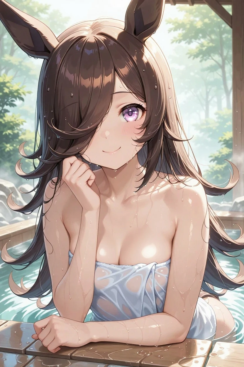 Detailed work, best quality, 4K clarity, Realistic lighting and shadows, Anime, background, in the sea, จากซีรีย์ Alya Sometimes Hides Her Feelings in Russian, Suou Yuki, long brown hair, purple eyes, ตาแบบAnime, B cup breasts, Purple Bikini, Heavy rain, smiling