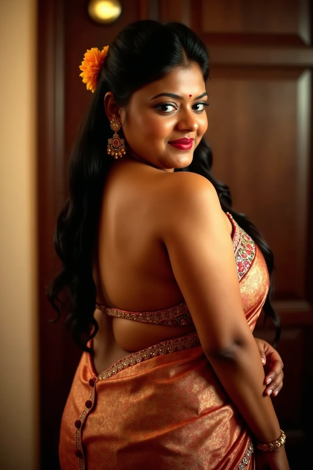 Photorealistic,recreation from the image, A 40 yo beautiful woman in a blue sari holding her cloth, fair skinned, in her room, looking on side, blue coloured traditional wear, sensual dress, lusty figure, lusty woman, Best quality, mallu woman, Malayalam woman, Malayalam actress, mallu actress, perfect eyes, perfect fingers, perfect hand posture, hyper realistic, realism, intricate, canon 50mm lens, Full body close up, Model shoot style, profile photoshoot, hot, female figure in maxi dress, South Indian actress, mallu, woman in hot dress, smiling woman, beautiful of a tall, attractive figure, Thick body, charming, captivating, glossy magazine photo, photo of a woman, fine quality, provocative indian, print on magazine, highly detailed