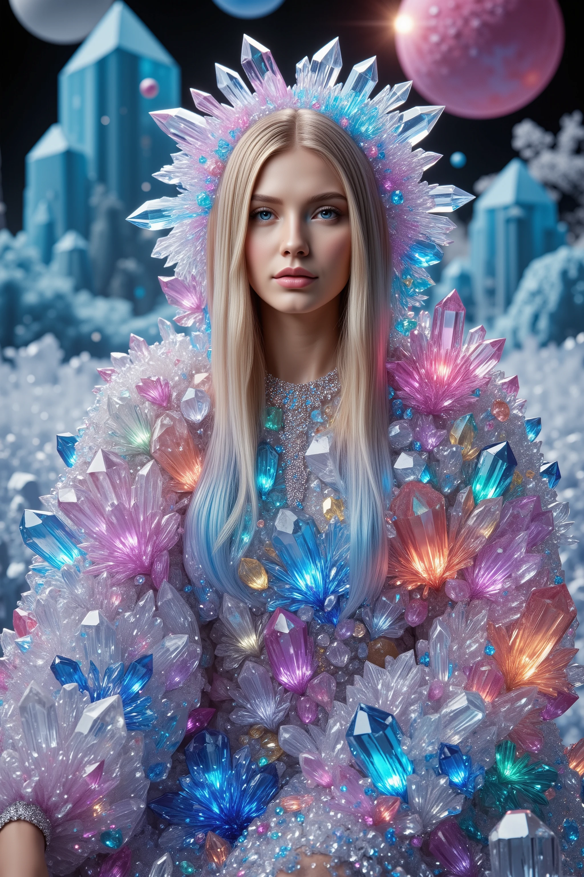 A strange planet where every single inch of land is completely covered with translucent multicolored and clear quartz crystals. They cover mountains hills, flatland Hundreds of millions of them coverage landscape like a magic blanket, highly detailed,photorealistic,8K,HDR,physically-basedrendering rendering,professional portrait,dramatic lighting,ethereal atmosphere,fantasy,magical realism,ultra-crystalistic, iconic character, icon style and poses,professional masterpiece.