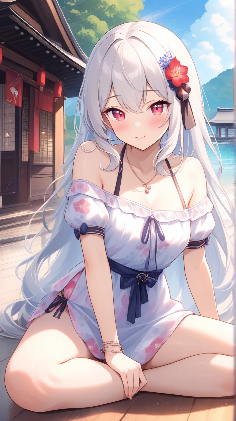 best quality, masterpiece, highres, solo, {yukata:1.40}, {kimono:1.20}, {vampire_azurlane:1.15}, long_hair, red_eyes, twintails, hair_between_eyes, ribbon, white_hair, bangs, hair_ribbon, blush, smile, red_ribbon, breasts, small_breasts, fang, very_long_hair, hair_ornament, open_mouth, bikini, black_bikini, swimsuit