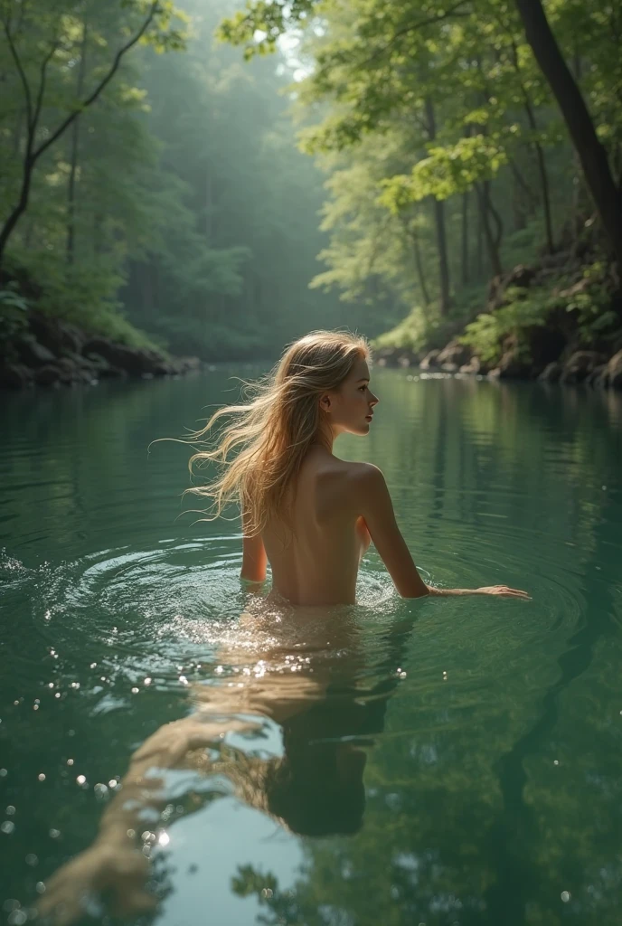 A medieval-style change of traveler&#39;s clothes can be seen in the foreground on the bank of a river. inside the river, Away from the shore you can see a short-haired blonde woman bathing naked next to a small waterfall. cinematic style, absolute sharpness, 8k image (masterpiece). forest background.