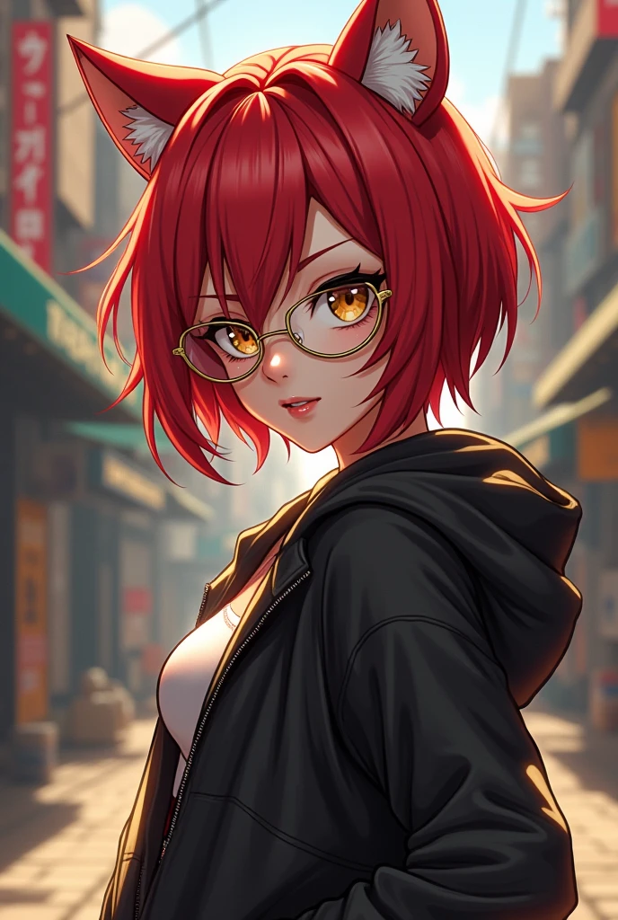 Adult redhead with short hair, with cat ears, green eyes wearing glasses and dressed in a black jacket.

With average sized breasts and notable thighs. anime style 
