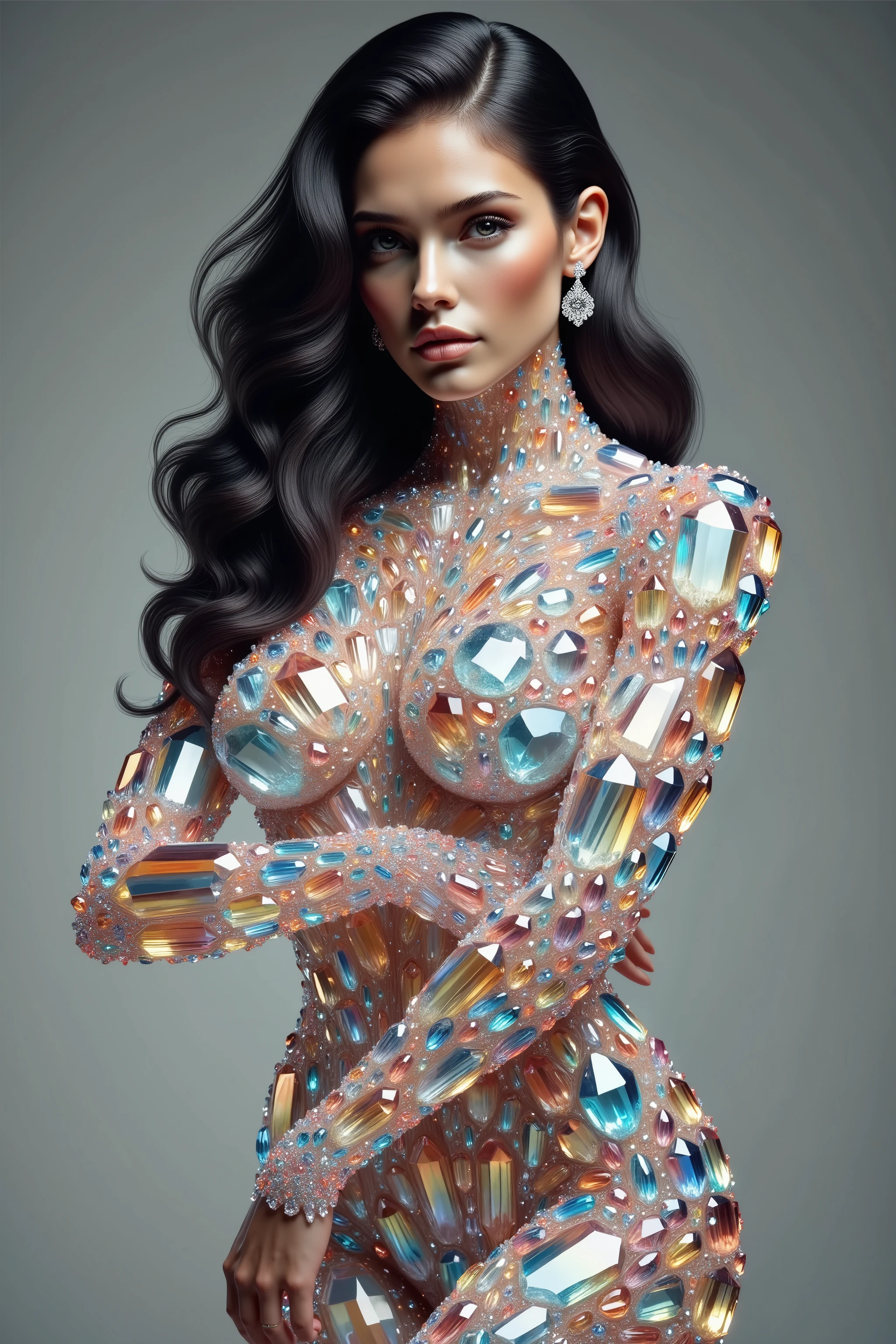 A young woman who is extremely attractive with very long dark wavy hair has hundreds of different colored translucent and clear quartz crystals coming up directly from out of her body. Crystals came out of her hair, her arms, her legs, her stomach, her chest.  Ultra-realistic, photo-realistic, ultra-detailed, 8k, ultra-crystalistic, iconic character, professional movie quality images, cinematic photography, realistic vision, photorealistic, hyperrealistic, 3D rendered, icon style, intricate, complex, surreal, whimsical, detailed facial features, eye contact, macro photography, UHD, full focus, highres, realism, professional masterpiece 