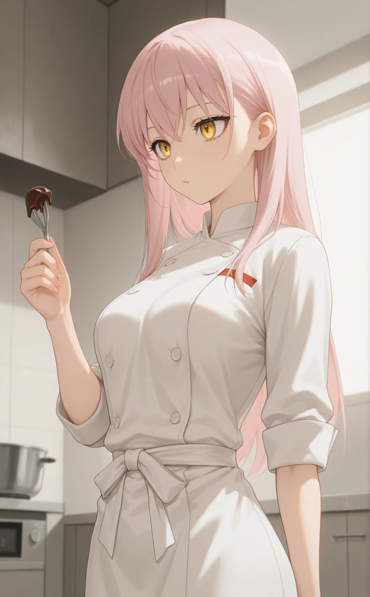 masterpiece, newest, Best Resolution, HD Quality, good lighting, safe. beautiful, adult, anime, good anatomy, . Pale pink hair , Hair below the shoulders. Golden-yellow eyes, dark eyelashes, piel clara, slim build, Medium Breasts Size D. She is 24 years old, measures 1'65 cm. mirando al espectador, Alone, kitchen background , lots of chocolate. wearing clothes: chef's outfit.