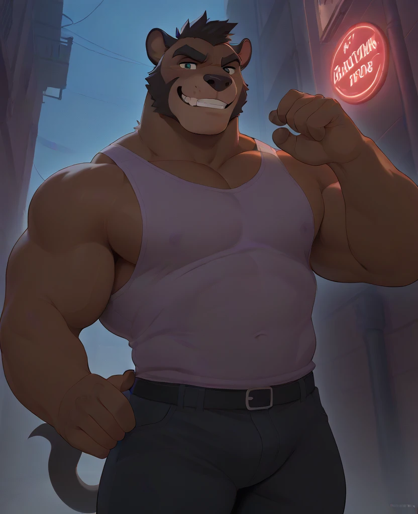 Solo, male, by darkgem, by mystikfox61, by glitter trap boy, by enro the mutt, by juiceps, standing, canine, white fur, red eyes, glowing eyes, muscular, giant, tall, powerful, strong, buff, wide, thick, massive biceps, giant pecs, teeth, fangs, smirking, rape face, evil expression, blue dress shirt, black dress pants, alleyway, night, moon, dramatic lighting, stars