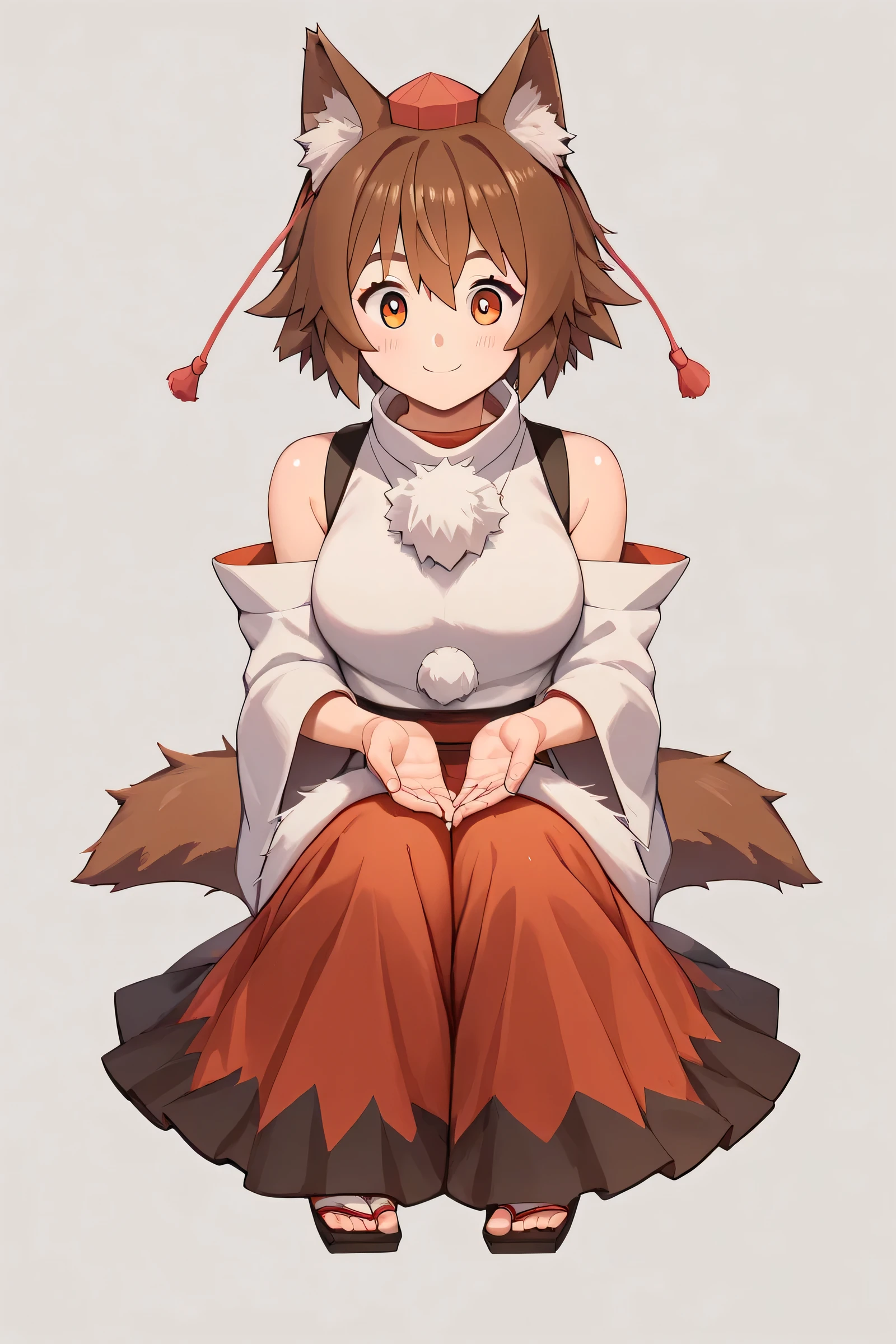 score_9, score_8_up, score_8, score_9, 1 girl, source_anime, inubashiri momiji, brown hair, short hair, wolf ears, tokin hat, pom pom \(clothes\), eyes, full body, skirt, two-tone skirt, gh1bl1