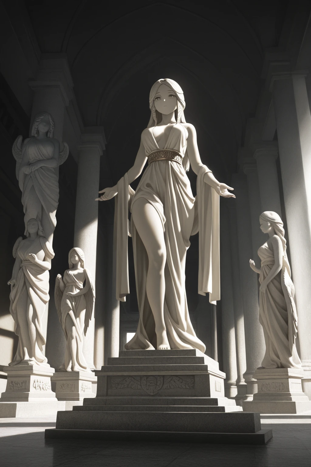 Mary with baby Jesus, Realistic, christianity, marble statue, biomechanical parts, shy, octane render, dramatic lighting,side view from bottom, anatomically correct, super detailed