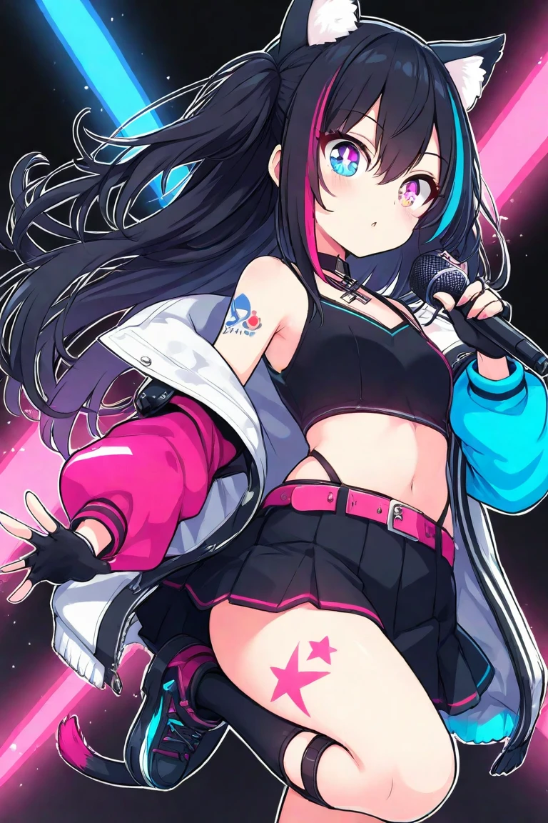 ((kinako (shiratama mochi) style)), colorful eyes, soft style, masterpiece, solo, 1 girl, topless, large nipples, nipples, black shorts, beautiful art, vibrant, colorful, medium breasts, multicolored hair, cat ear headphones, full bangs, teen, body, narrow waist, slender legs, hairband, choker, smiling, peace sign, spats, navel, thigh strap, abstract, paint splash, light hair, tongue out, long tongue, side tail hair ornaments, paint on body, waist pouch, heterochromia, star sticker on face, multicolored eyes, high angle shot, top view, black eyeliner, sparkling, winking