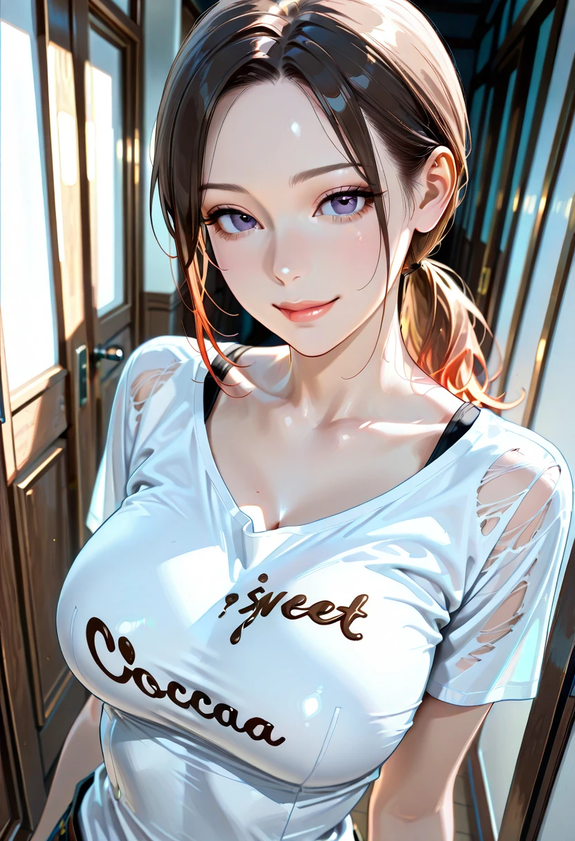 Best Quality,High resolution,8k,(plain white background, no patterns, no textures, just a plain white background:1.3),Masterpiece:1.2),beautiful girl,Shiny brown hair,messy hair,Brown eyes,oversized graphic tee with a cheerful design, paired with pre-ripped jeans, colorful cotton fabric with a subtle pattern, casual sneakers with a pop of color, Accessories include a playful pendant necklace and colorful stud earrings,Gentle look,A refreshing look,smile,Best quality,Best Quality,Aesthetic and aesthetic:1.2,Best details((Super detailed))(High-definition CG illustrations),Slender body,smile,blush,cute,Scrounge,Looking up,Being spoiled,super model