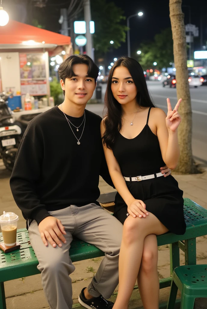 photo of a young couple from Indonesia in formal clothes taking a photo together at a party at night. photography, super detailed, realistic, ultra HD, 8K Resolution, facial details.