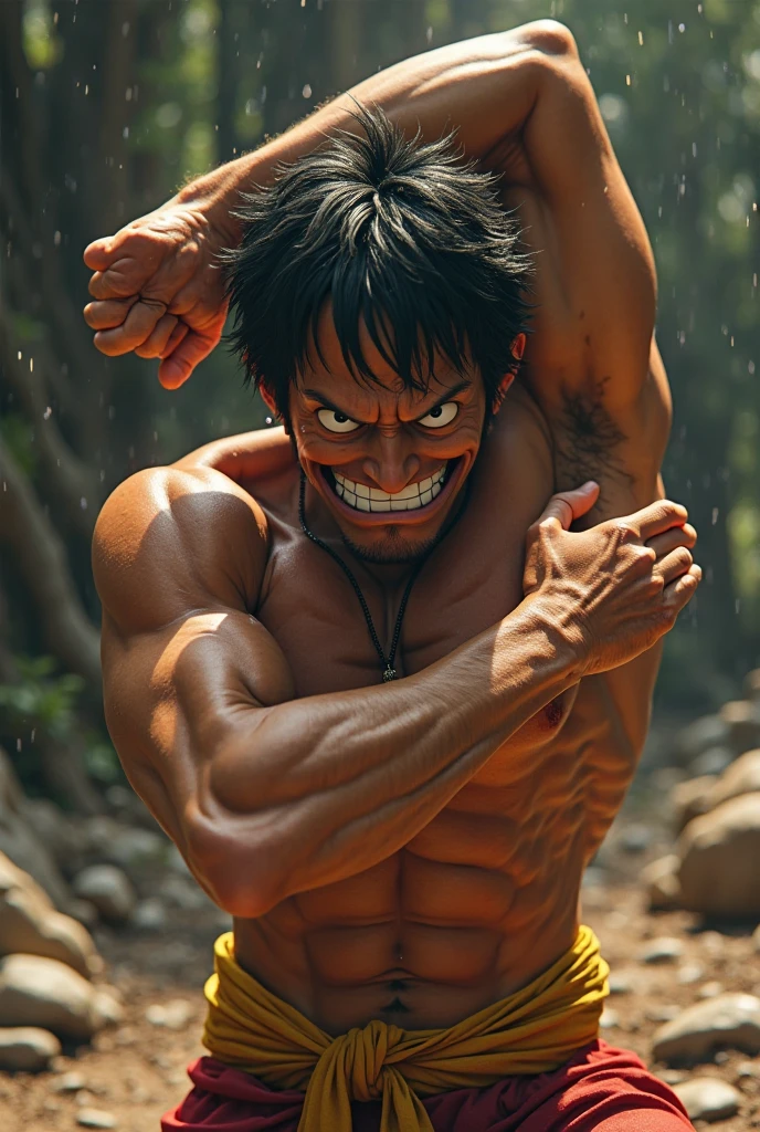 Boy, teenager, hair on fire, indigenous, bow and arrow, forest, Red eyes, Fire, Red hair, Indigenous, brown skin, fiery eyes, angry face 