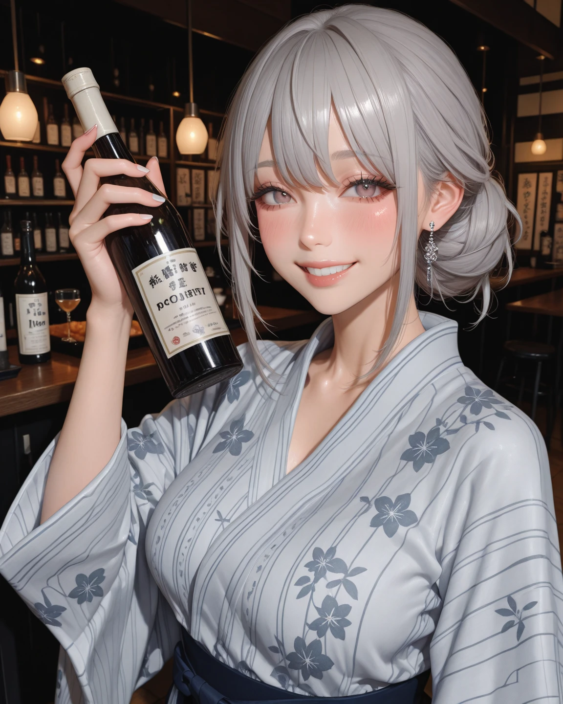 15 years old、woman、whole body、Evil Face, Red eyes, Iris,Silver Hair、Night City Waves、festival、Pink and blue yukata、Pixie Cut、Long Hair、whole body、Drinking beer