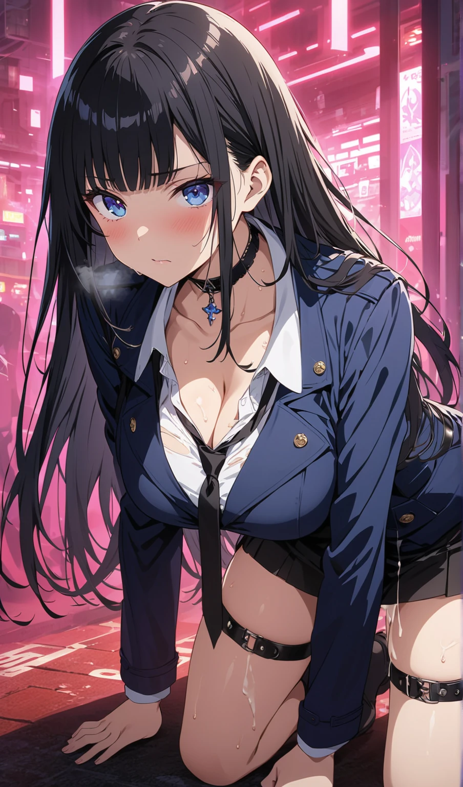 masutepiece、Best Quality、Illustration、 ultra-detailliert、hight resolution、8K Wallpapers、Perfect dynamic composition,、Beautiful detailed eyes、neck tie  long Hair、A dark-haired、(Beautiful Large Breasts:1.3)、Natural Color Lip、Bold sexy poses、Smile、Harajuku、19 years girl、Cute、Beautiful sister、Sexy shot looking at camera、night skyscraper Very long bangs of black with a tinge of navy with galaxy purple eyes and a navy kaizen jujutsu uniform with a white violin and a katana sheathed on her waist.