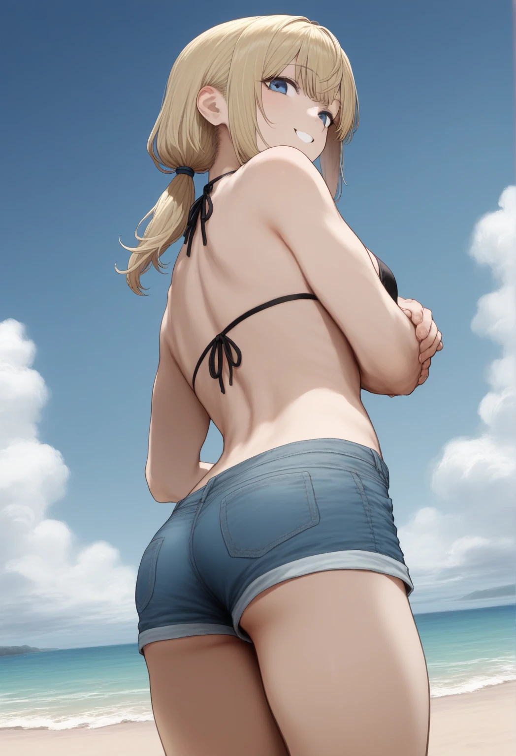 (highest quality,4K,8k,High resolution,masterpiece:1.2),Very detailed, Realistic, photo-Realistic,woman with good looks,Asian Woman,three woman:2.0,bend over, Line up in a row,cute,cute eyes, stylish female body,baby face, break, bra, break, red colored small panties:1.5, lace, see-through, break, long hair, blonde hair, back view, Focus on the buttocks, sandy beach , smile, (((sweaty skin))), milk