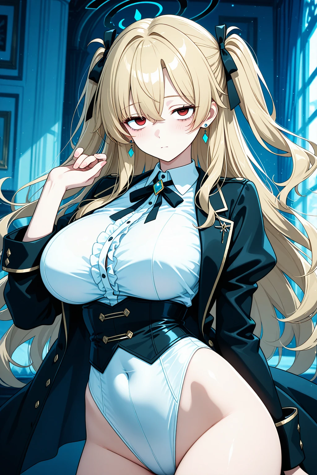 1girl, nsfw, masterpiece, best quality, slender girl with hourglass body and massive breasts, solo, pretty, cute, ((blond long hair, blond hair, long hair, indigo blue highlights)), indigo blue eyes, detailed eyes, beautiful eyes, delicate eyes, ((hourglass body, sexy body)), correct anatomy, correct limbs, ((massive breasts, large breasts)), juicy lips, pouty lips, [detailed background (tokyo city, japan)]