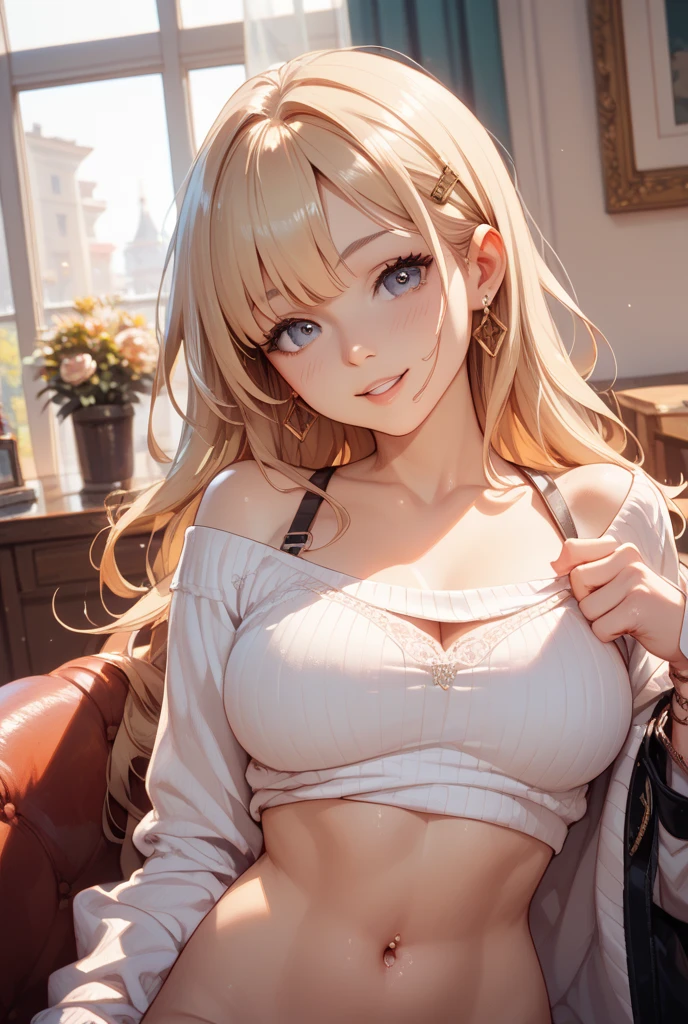 Best Quality,High resolution,8k,finelity detailed background,Masterpiece:1.2),beautiful girl,Glossy blonde,crossed bangs,Khaki Eyes,Gentle look,A refreshing look,smile,Best quality,Best Quality,Aesthetic and aesthetic:1.2,Best details((Super detailed))(High-definition CG illustrations),Upper Body,Dark grey underwear, (dark gray),Slender body,night,moon,Bedroom,On the bed,smile,blush,cute,Scrounge,Looking up,Being spoiled,super model,wariza,shoot from,below