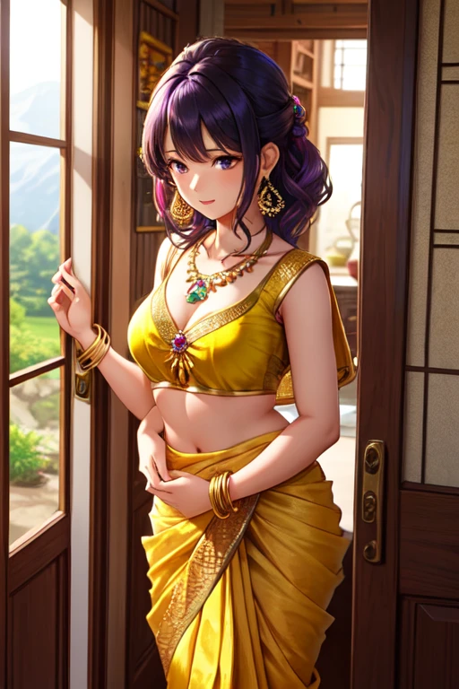 A lovely Indian woman (age 25, athletic, very full breasts natural sag, wide hips, big butt, colorful translucent dress made of sheer silk cloths), happy, flirting, enjoying herself