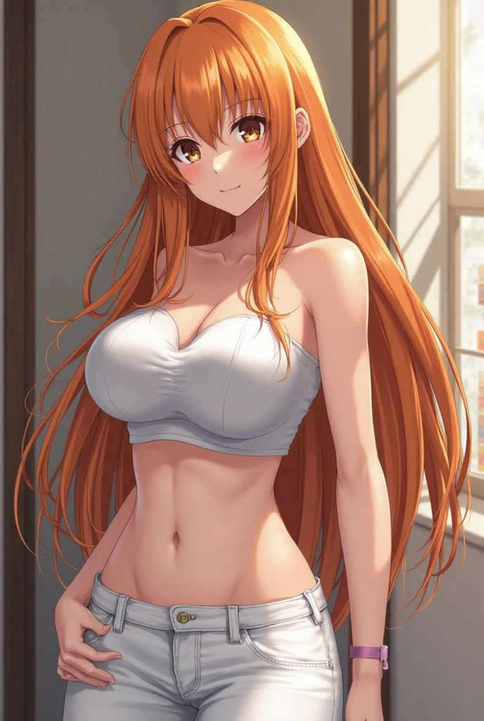 Redhead anime girl in blue eye shorts with big breasts