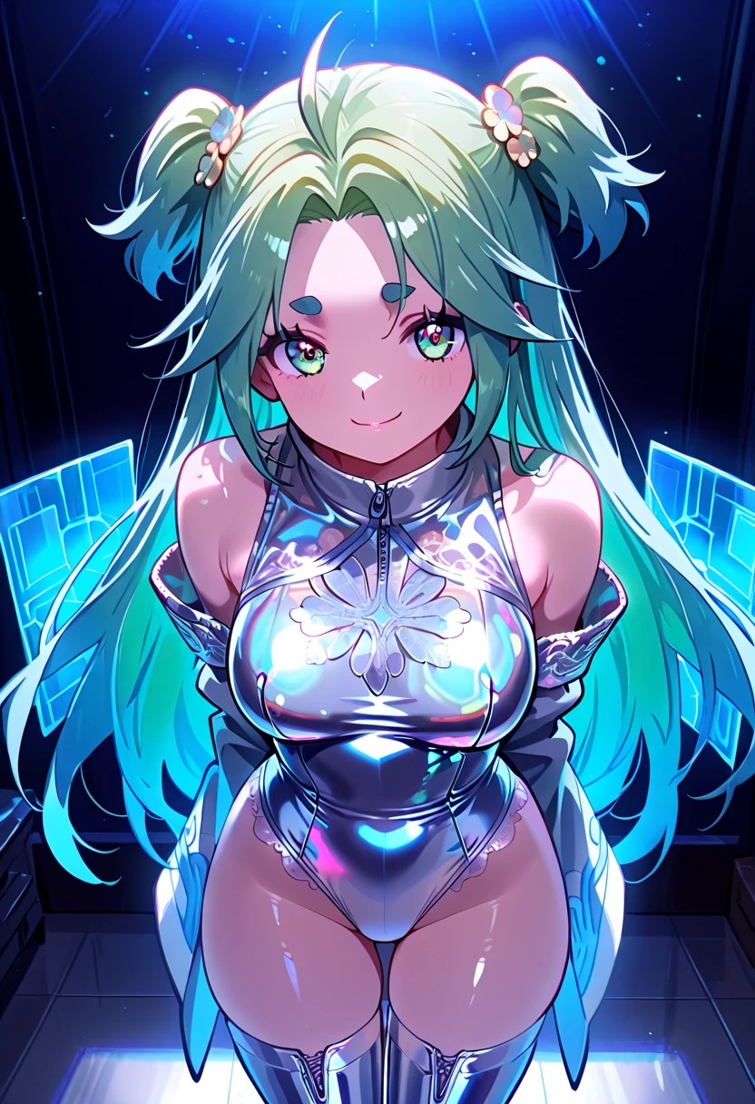 an exotic and iridescent skin, with predominantly bluish and greenish shades. Your skin is covered by a thin, shiny layer, which reflects the light around you, creating a shimmering and enchanting effect.
As for hair, the Empress of Light does not have traditional hair. Instead, she has a majestic and spectacular crest that extends from the top of her head to the base of her back. This ridge is composed of luminous, thread-like filaments that vary in vibrant colors, including shades of gold, purple, and pink.