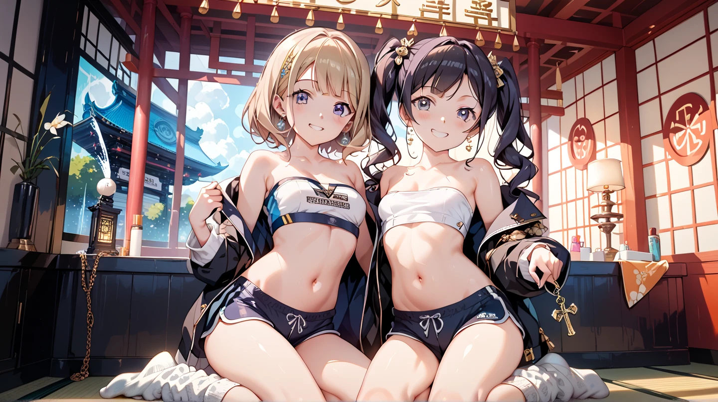 ((masterpiece, best quality, ultra quality, high quality, hyper detailed, intricate detailed, perfect anatomy, shiny skin, cowboy shot,)), (3 women:1.5), cute women are posing for a camera, (At a Japanese hot spring), (Lifting SHIRT:1.3), (Laughing with your mouth open:1.3), Ray Tracing, ((tits)), (Small nipples), nipples, breasts, hair band, Headband, hair bobbles, blouse, shirt, (Stand in line), 12 Talents、13 Talents、14 Talents、15 years old、brown hair, blond hair, navel, jewelry, looking at viewer, necklace, long hair, short hair, (Abdominal muscles),(Depth of written boundary), panties,
